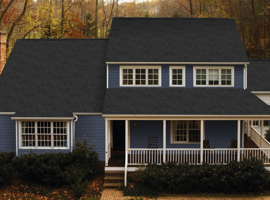Colonial home after siding visualization - transformed with blue-gray siding and coordinated trim